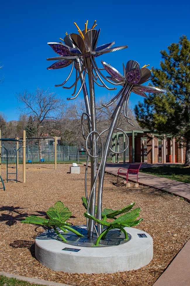 This photo shows the Wild Contemplation sculpture by artist Amie Jacobsen in Field's Park. Success Stories from the Manitou Springs Urban Renewal Authority. This photo shows the Wild Contemplation sculpture by artist Amie Jacobsen in Field's Park. Success Stories from the Manitou Springs Urban Renewal Authority.